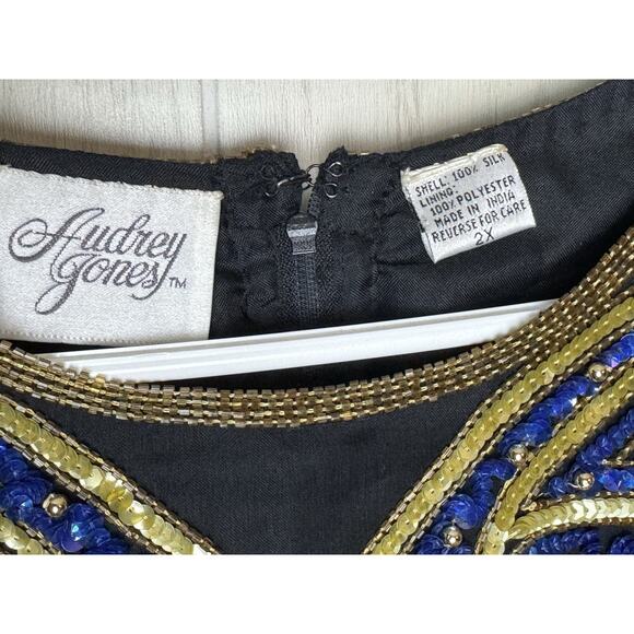 Vintage 80s Silk Beaded Sequin Dress Black Gold Blue Paisley Cocktail Party 2X - Picture 5 of 14